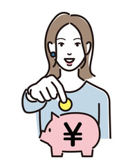 ブタの貯金箱にお金を入れる女性