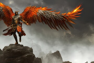 Generative AI
Illustration a mythical phoenix in the form of a man with huge burning wings stands on a rock