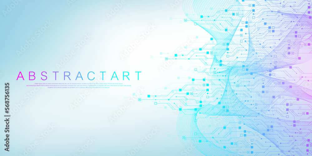 Aufkleber Quantum computer technologies concept. Futuristic blue circuit board background vector. Modern technology circuit board texture background design. Waves flow. Quantum explosion technology.