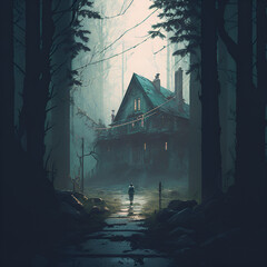 Fototapeta na wymiar walking in a dark forest,illustration