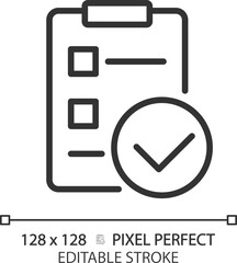 Checklist with checkmarks pixel perfect linear icon. Marking task completion. Work controlling document. Thin line illustration. Contour symbol. Vector outline drawing. Editable stroke