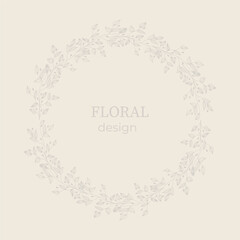 Fototapeta premium Elegant frame, background, floral wreath, circular monogram with hand drawn wild herbs and flowers. Vector vintage botanical illustration for invitation or wedding decor, logo, label, branding,