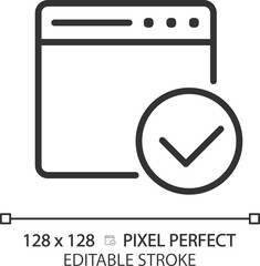 Web page with tick pixel perfect linear icon. Website window with checkmark. Trustful sources on internet. Thin line illustration. Contour symbol. Vector outline drawing. Editable stroke