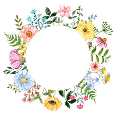 Round wildflower frame. Watercolor floral wreath made of summer colorful flowers and green leaves. PNG clipart.