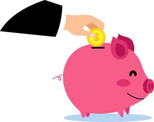 illustration of a businessman's hand saving gold coins in a piggy bank. illustration of investing by saving in a piggy bank