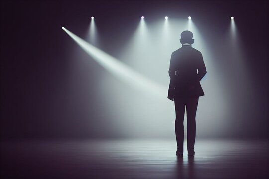 Silhuette Of Back Of A Male Singer On Stage Lighted By A Spotlight. Generative AI