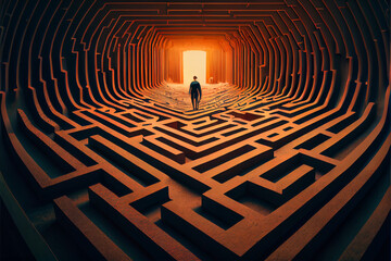 man lost in a complex labyrinth. Abstract labyrinth way. maze. High quality ai generated illustration.