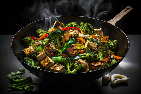 Tasty tofu stir fry with veggies, crispy tofu & fresh cilantro. Perfect vegan meal for healthy eating. Ideal for food blogs & cookbooks. Entice your audience to try this flavorful dish