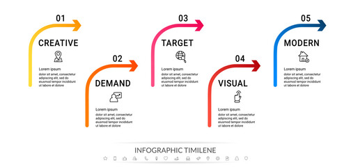 Vector infographics with 5 arrows and icons. Modern concept graphic process template with five steps and symbols. Simple sketch timeline for the business project