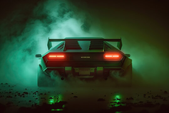 Rear Illustration of an 80s  futuristic supercar in the foggy night with green neon haze. Concept of automotive racing car video game. Atmospheric vaporwave sports car concept. Generative Ai