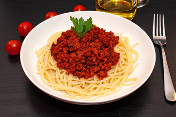 Spaghetti Bolognese pasta with tomato sauce and meat