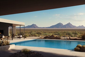 Fototapeta na wymiar A high definition view of a desert landscaped backyard in Mesa Arizona, with a pool spa, outdoor fireplace and Kitchen. Generative AI