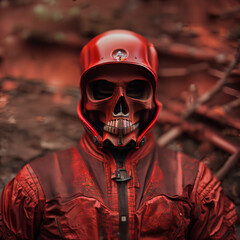 cinematic portrait photo OF a skull in a rusty red spacesuit- Generative AI
