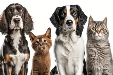 group of cats and dogs on white, ai generated 