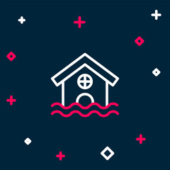 Line House flood icon isolated on blue background. Home flooding under water. Insurance concept. Security, safety, protection, protect concept. Colorful outline concept. Vector