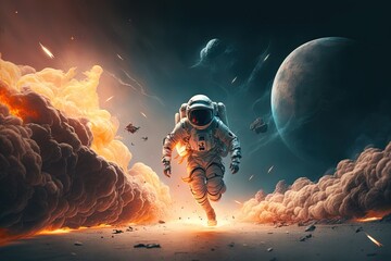 Obraz na płótnie Canvas An astronaut, full equipped with suit and helmet, running away from an explosion. Generative ai