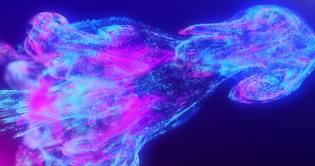 Abstract fluid explosion iridescent blue and purple glowing energy magic waves with blur effect in liquid water on dark blue background. Abstract background