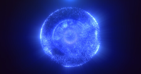 Abstract round blue sphere glowing energy magic molecule with atoms from particles and dots cosmic. Abstract background