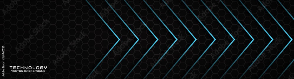 Wall mural 3d black techno abstract background overlap layer on dark space with blue arrow effect decoration. m