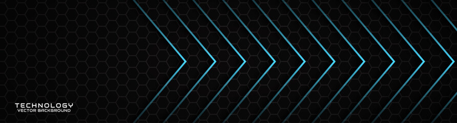 3D black techno abstract background overlap layer on dark space with blue arrow effect decoration. Modern graphic design element cutout style concept for banner, flyer, card, or brochure cover