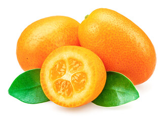 Kumquat fruit and cross cut of kumquat with leaves isolated on white background.