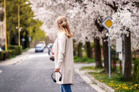 Woman With Wireless Headphones Walks On City Street Under Blooming Cherry Trees. City Life At Spring