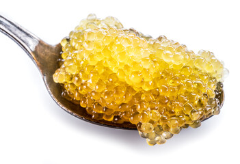 Pike caviar or roe in spoon on white background.
