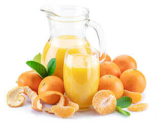 Orange tangerine fruits and fresh tangerine juice isolated on white background.