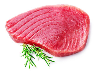 Fresh tuna steak nad rosemary twig isolated on white background.