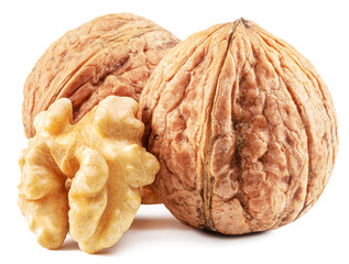 Walnuts and walnut kernel isolated on white background.