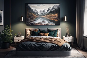 A luxury flat bedroom decorated with a big landscape photography in a canvas. Generative ai. 