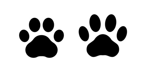 Paw print dog and cat. Black footprint of pet isolated on white background. Pets paws shape. Animal pawprint dogs, cats. Cute silhouette paw for design prints. Outline steps. Vector illustration - obrazy, fototapety, plakaty