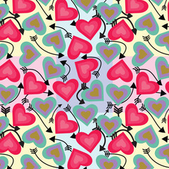 Seamless pattern of brink and parodies pink, red crayola, dark goldenrod, african violet, green sheen color heart with black color arrow arranged creatively on light periwinkle, mimi pink background.