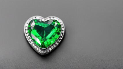 Heart shaped emerald jewelry on gray background, generative ai