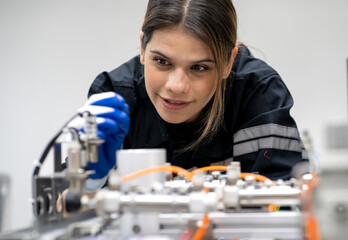 Computer science development engineer working on robotic arm connection and control at electronic futuristic technology center. Modern people training in industry 4.0 automated engineering workshop