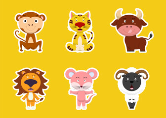 Bundle of isolated cute animal cartoon characters flat  vector illustration