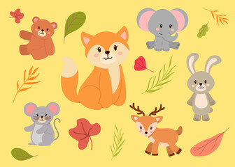 Bundle of isolated cute animal cartoon characters flat  vector illustration