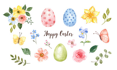 Happy easter set of hand-painted watercolor elements. Colorful eggs, cute flowers, and butterflies are isolated on transparent background - 568762307