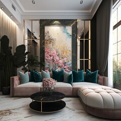 Lover Living Room Area,Modern Luxury Art Interior Design Conceptual,Shade of Pastel Color and Gold Marble,High Roof Design,TV on the wall,Photorealistic,Intricated Details Decor. Generative AI