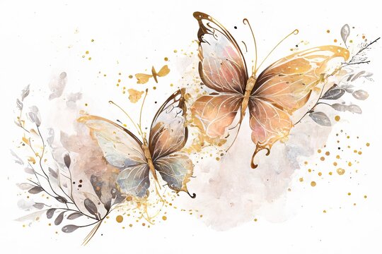 on a white background watercolor drawing of several butterflies with gold paint Generative AI