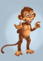 Cute monkey standing and pointing his finger while smiling