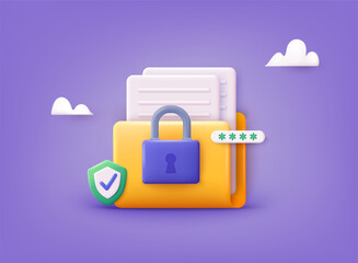 Fototapeta premium The personal data protection. Concept is data security Access. Lock with password with folder. 3D Web Vector Illustrations.