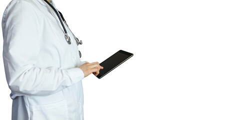 A woman doctor in a white coat isolated on a white background. The doctor works in the hospital, moves his finger on the touch screen of the tablet. A medical worker in a white coat with a stethoscope