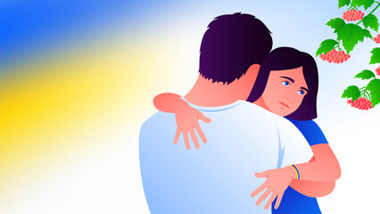 Ukrainian girl hugs her father against the background of twigs of viburnum. Vector illustration