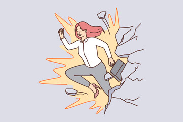 Fototapeta premium Woman in business attire breaks through concrete wall and goes ahead to achieve career goals