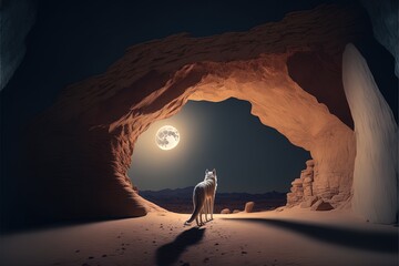 A wolf howling in a circular cave in the mountain to the full moon at night. Generative ai