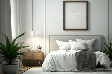 Fototapeta na wymiar White bedroom interior with empty frame mockup Generative AI