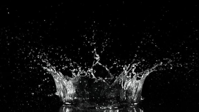 Super slow motion of splashing water crown shape on black background. Filmed on high speed cinema camera, 1000fps.