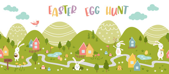 Cute Easter Egg hunt design, map for children, hand drawn with cute bunnies, eggs and decorations - great for invitations, banners, wallpapers - vector