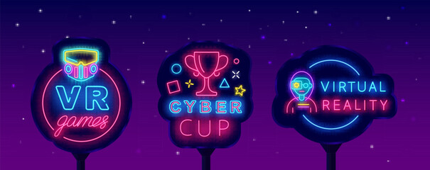 Game design neon street billboards set. Cyber cup banner. Virtual reality badges collection. Vector illustration